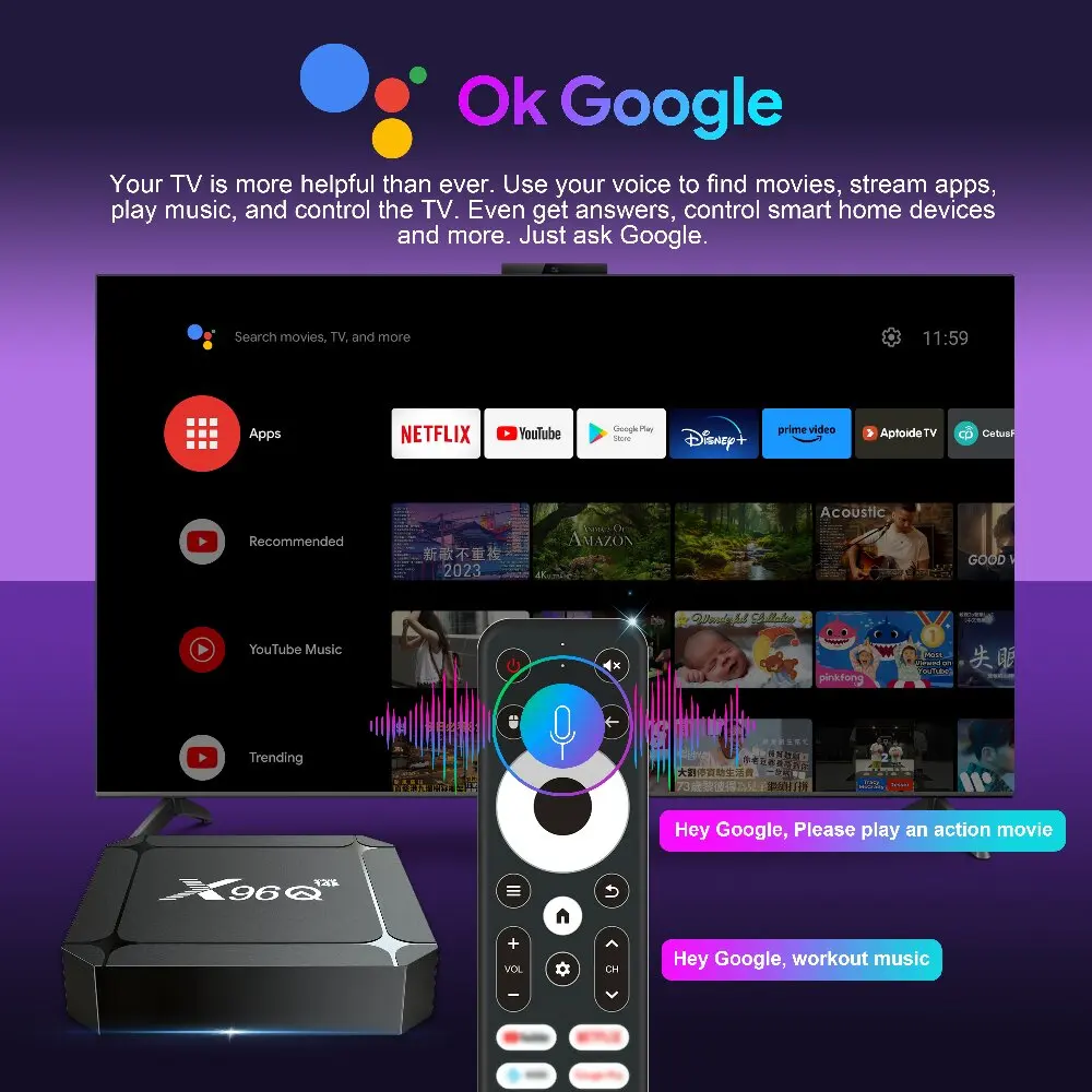 X96Q Android 14.0 Smart TV BOX RK3518 صوت عن بعد 4K ARM Cortex A53 2/4GB 16/32/ 64GB 3D 2.4G/5G لمشغل الوسائط Google