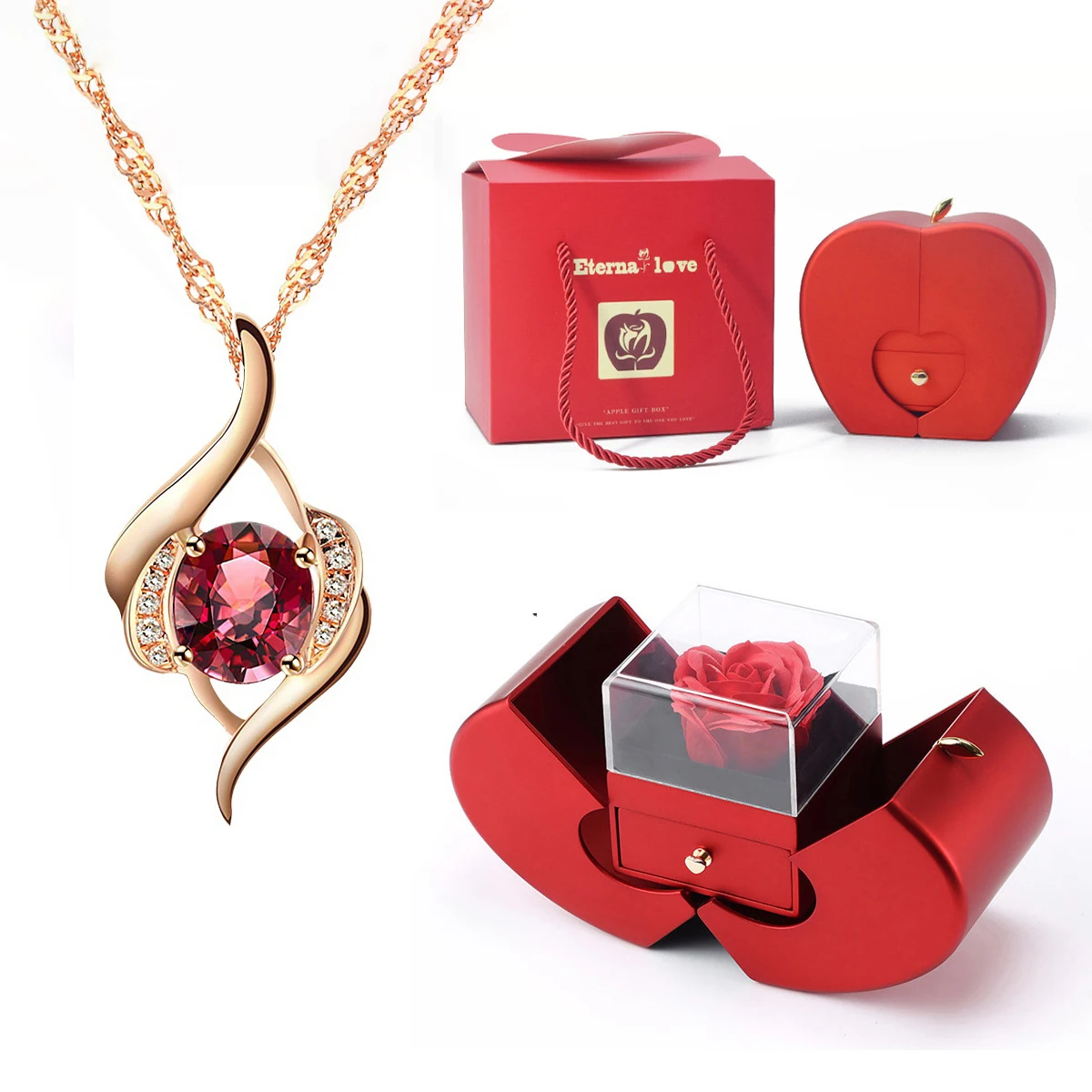 Luxury Red Zircon Pendant Necklace With Apple Gift Box Fashion Jewelry For Women Girlfriend 2023 New Romantic Christmas Gifts