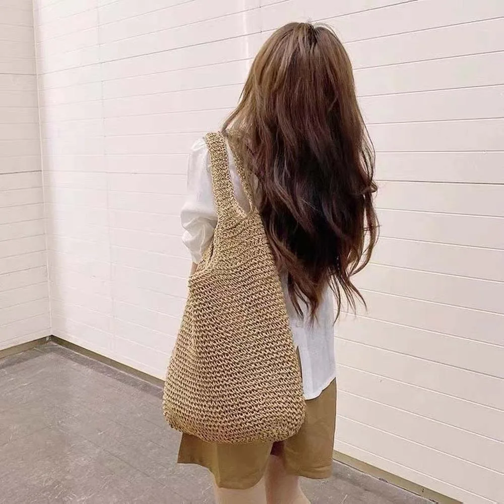 

Solid Color Sweet Woven Tote Bag Hollow Out Breathable Shopping Straw Bag Lightweight Large Capacity Summer Beach Handbag Daily