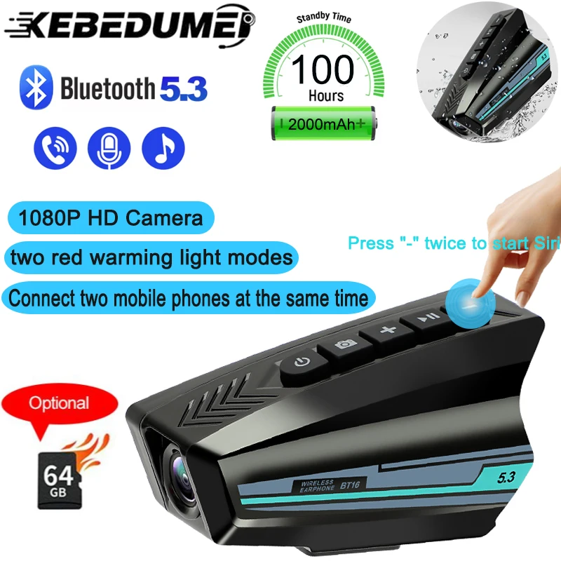 

Motorcycle Helmet Bluetooth Intercom Headset Waterproof Voice Contro Wireless Hands-on Talking Headset with 1080P HD Camera