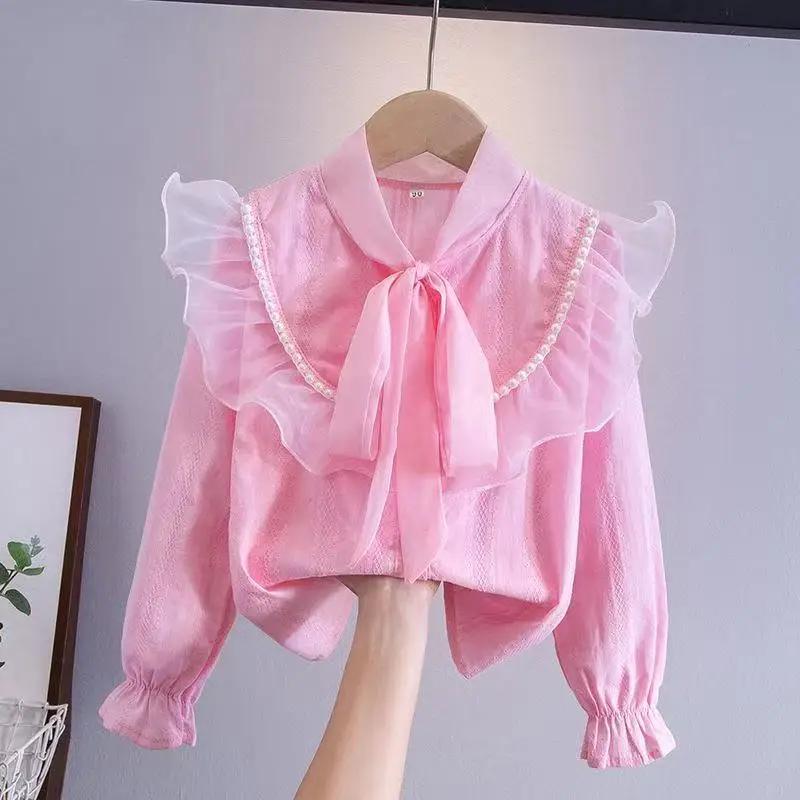 Girls' Bottom Shirt Spring and Autumn New Children's Top Bow and Lotus Leaf Edge Shirt Blouse for Girls 110-170CM