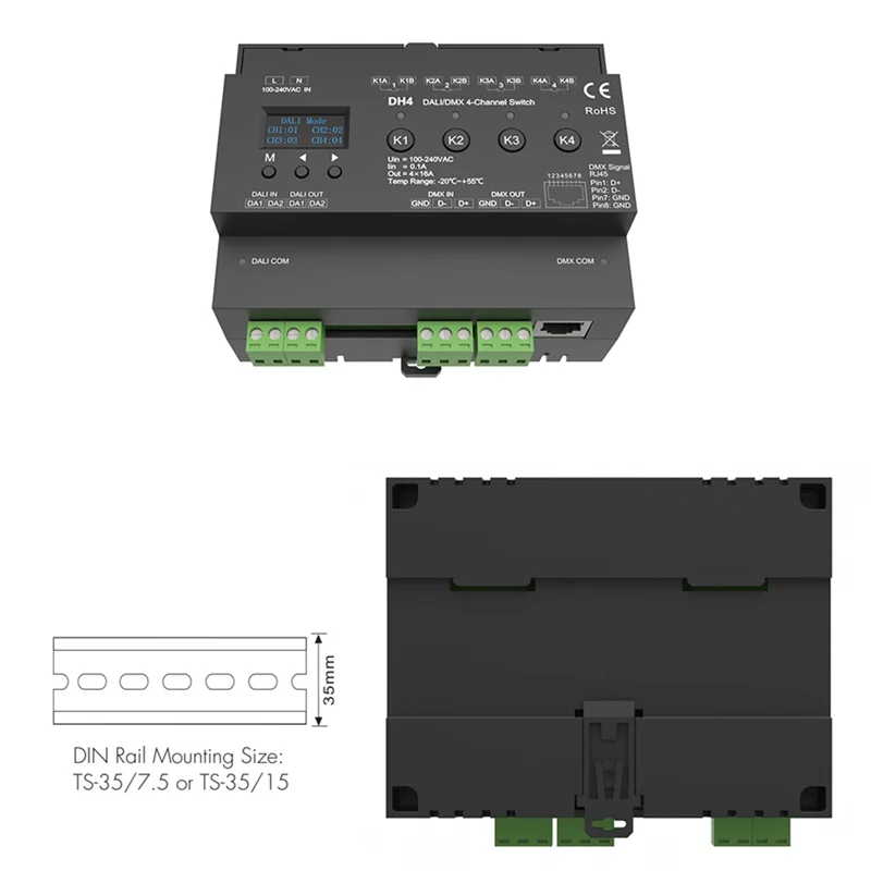2025 Trendfor DMX 4-Channel Switch With OLED Display Screen Relay 4CH Dry Contact Output 4 Address DMX-RDM Din Rail 100-240VAC