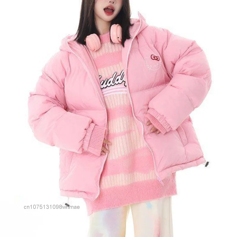 SANRIO-Hooded Down Coat for Women, Pink Zipper, Cotton-padded Jacket, Loose Warm Sports Clothes, Cute and Sweet, Winter