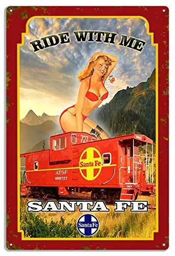 Retro Vintage Metal Plaque Sign Ride with Me Pin Up Girl Railroad Tin Sign for Home Bar Kitchen Pub Wall Decor Signs 12x8inch