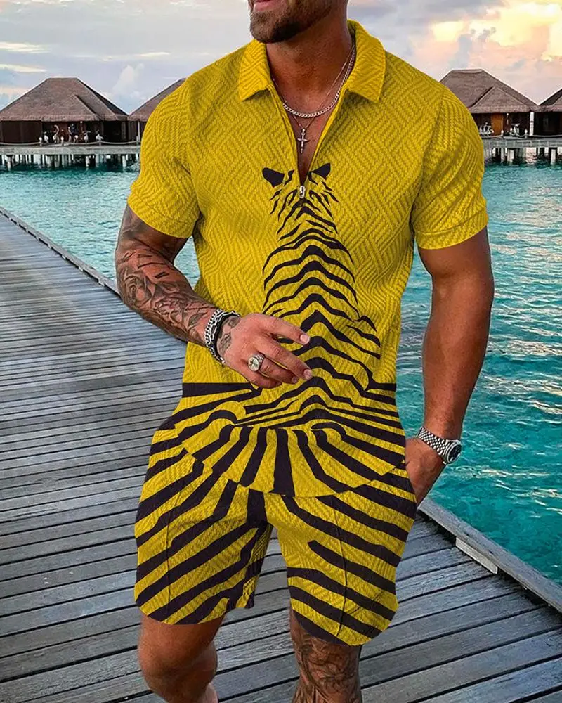 New Summer Men's Animal Tiger 3D Printed Short Sleeve Zipper Polo Shirt + Shorts Set Men's Fashion Casual Streetwear Set 2