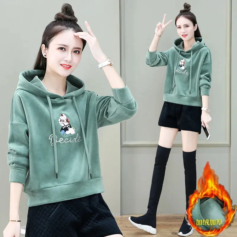 Women\'s Hooded Embroidery Sweatshirt 2023 Autumn Winter New Add Velvet Thickened Warm Top Lady Short Loose Coat 4XL