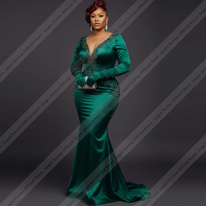 Customized Long Sleeves Mermaid Green Bridesmaid Dresses Beading Wedding Party Evening Dresses Vestido Invitada Boda