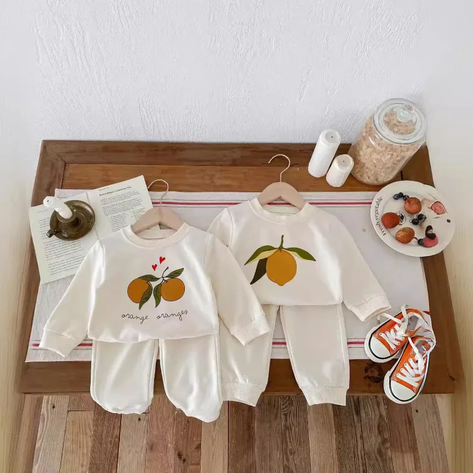 New Spring Autumn Newborn Baby's Sets Cartoon Fruit Orange Lemon Printed Sports Sweater Pants Two Piece Set