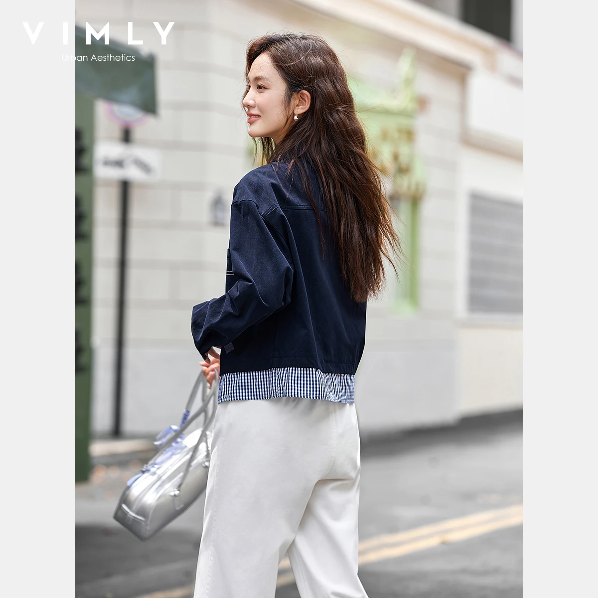 VIMLY Jaket Wanita Elegan Biru Tua Kasual Katun Murni Jaket Wanita Musim Gugur 2026 Kerah Lipat Jaket Wanita Model Spliced A2853