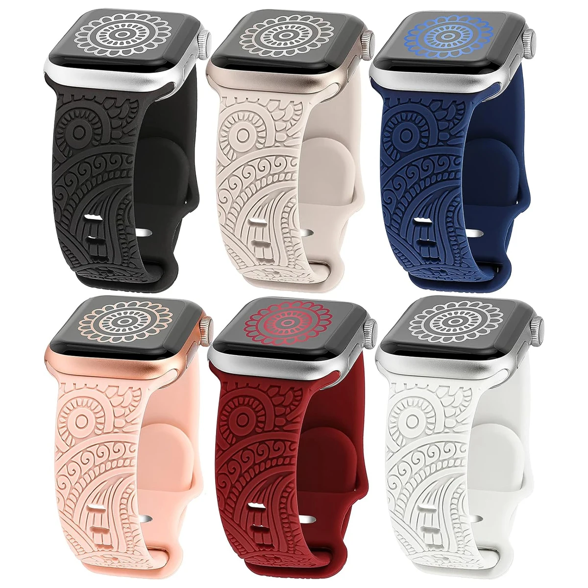 Boho Engraved Band for Apple Watch 44mm 40mm 41mm 45mm 46mm Ultra 3 49mm Silicone Strap for Watch Series 11 10 9 8 7 6 SE 5 4 3