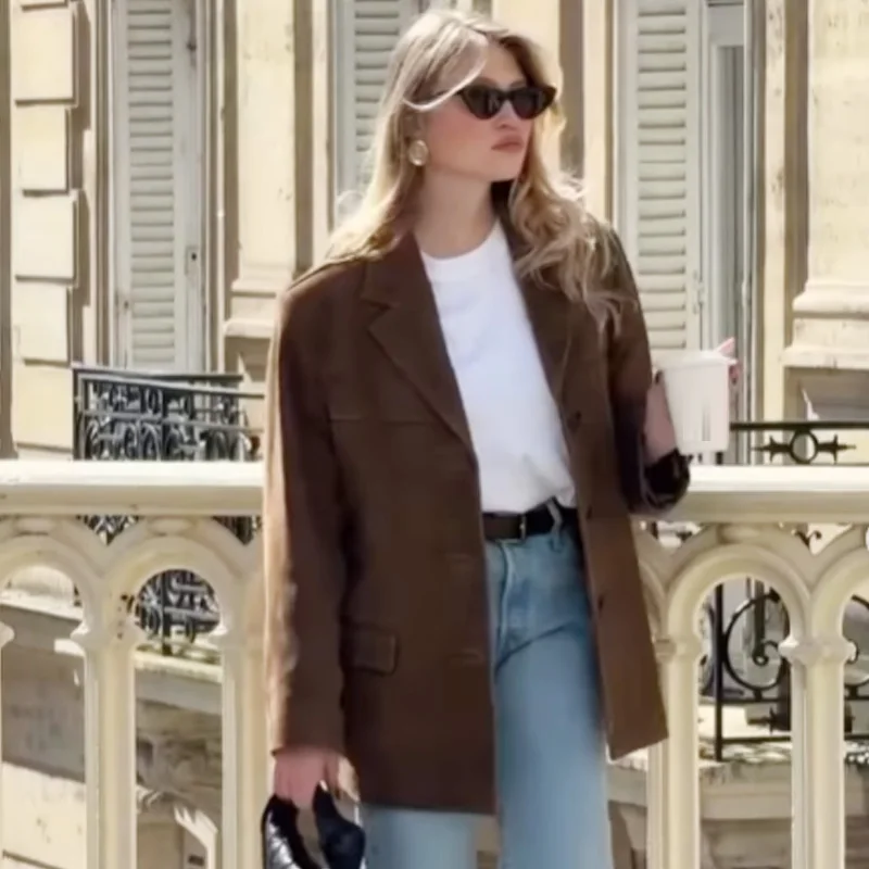 Damesblazer Suède jas Outerwears Lente Bruin Blazer met lange mouwen Vintage effen pakjas Dames Top Hoge kwaliteit blazers