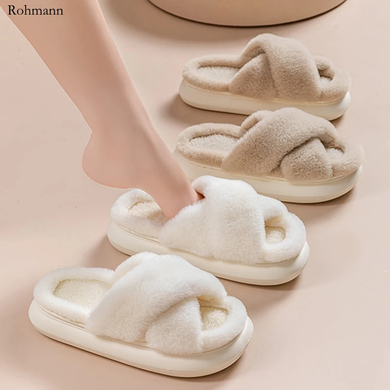 Plush Fluffy Slippers Women Winter 2024 Long Fur Chunky Platform Women's House Non Slip Straps