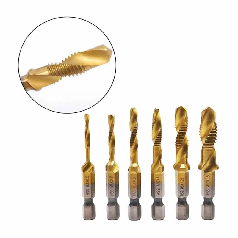 M3 M4 M5 M6 M8 M10 Tap Drill Titanium Plated Hex Shank HSS Screw Machine Compound Hand Tools Metric Thread Tap Drill Bits Set