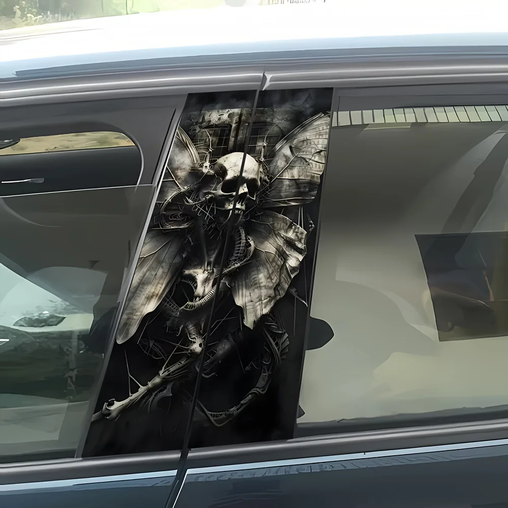 2 Piece Skull Fantasy Car Post Sticker - Unique Butterfly with Skull Black and White Sticker for All Models