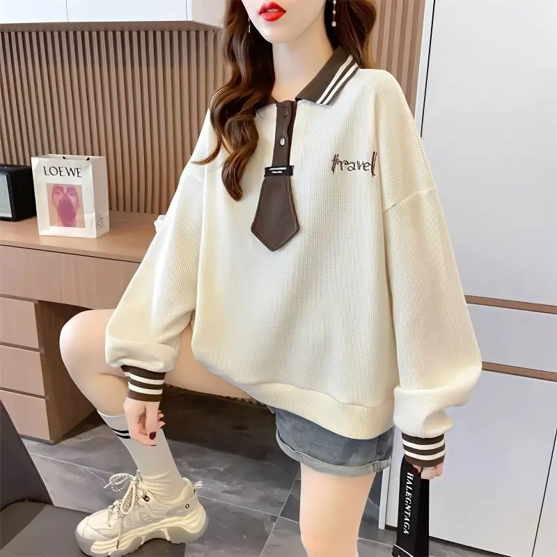 Vintage Preppy Style T-Shirts Loose Casual Streetwear Solid Turn-down Collar Long Sleeve Buttons Patchwork Women\'s Clothing 2023