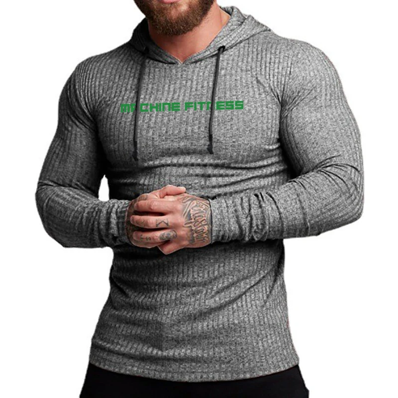 New Stripe Slim Fit Long Sleeve Breathable Quick Dry Knitted Hooded Shirts Gym Fitness Bodybuilding Muscle Mens Casual T-shirts