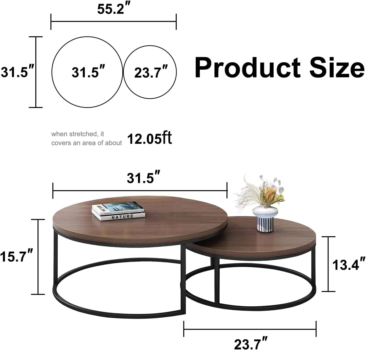 Round Nesting Coffee Table Set of 2 Modern Minimalist Stackable Side Table for Living Room Bedroom Office Walnut, Customized
