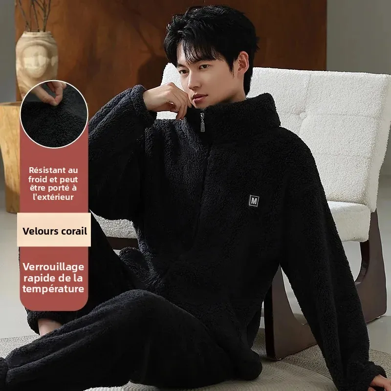 

Men's Stand Collar Sleepwear Coral Fleece Thickened Warm Zipper Home Clothes Two-Piece Set Comfortable Pajamas for Autumn Winter
