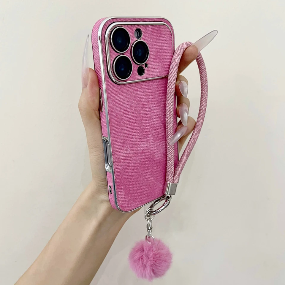 Luxury Lanyard Wrist Strap Jeans Denim Phone Case For iPhone 17 16 15 14 13 Pro Max 17Pro Lens Camera Protector Matte Back Cover