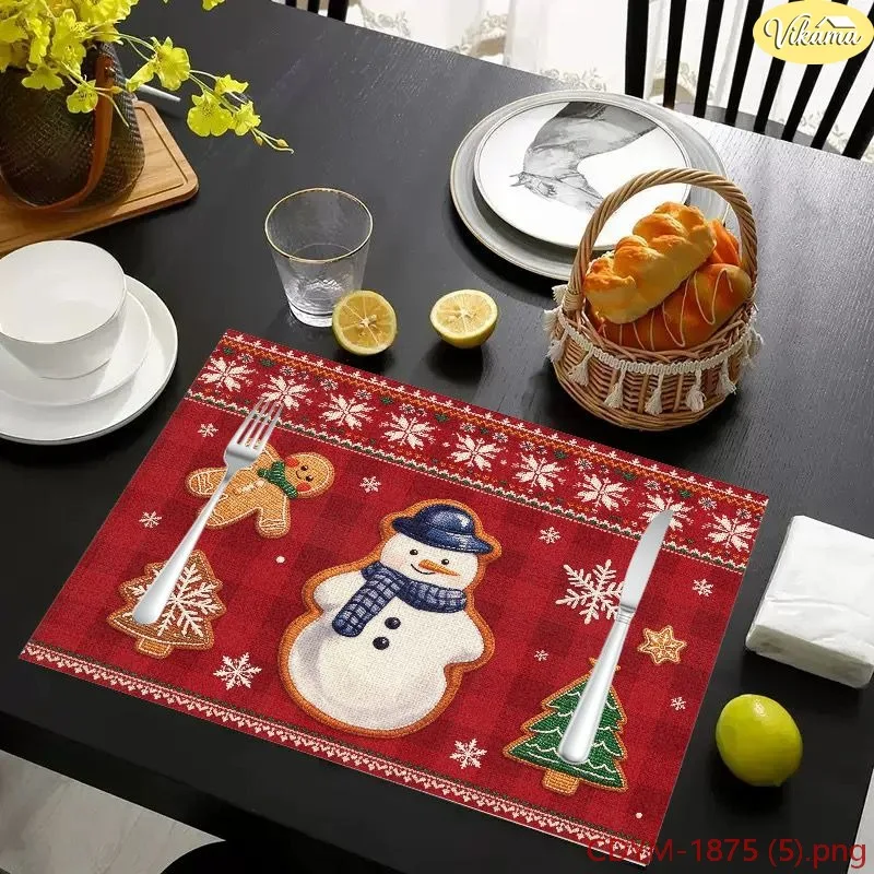 VIKAMA Christmas Placemats Red Fair Isle Knit Snowman Gingerbread Snowflake Washable Dining Mat Winter Holiday Kitchen Decor