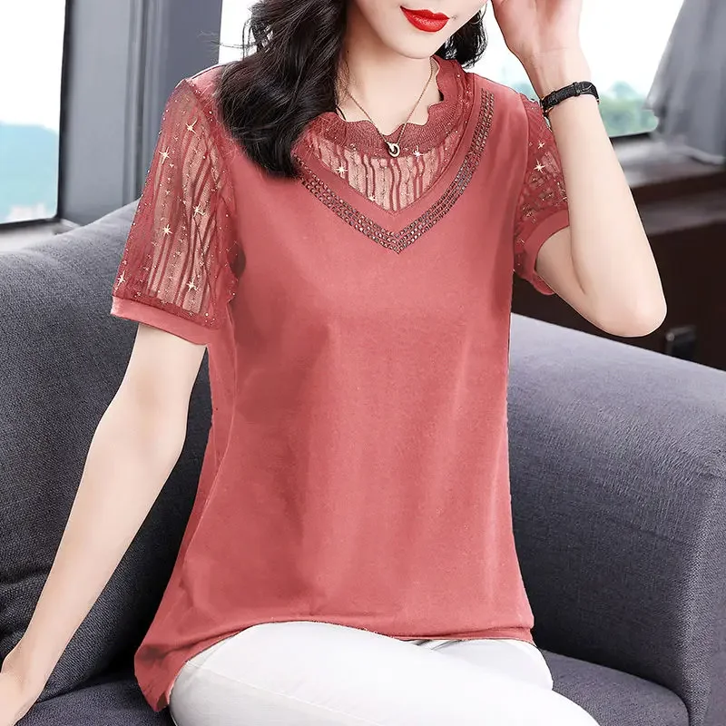 

Summer Casual New Hollow Out Mesh Crew Neck Short Sleeve Tee T-shirt Women's Sequined Patchwork Loose Fashion Elegant Tops