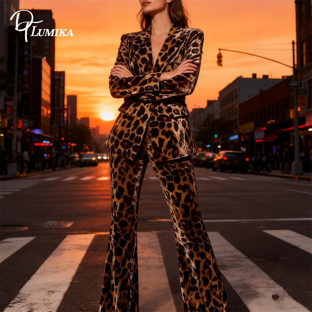 2026 Newest Velvet Leopard Suit Set for Women, Slim Fitting One Button 2-Piece Suit Set Jacket Pants Set DTLumika Designer Suits