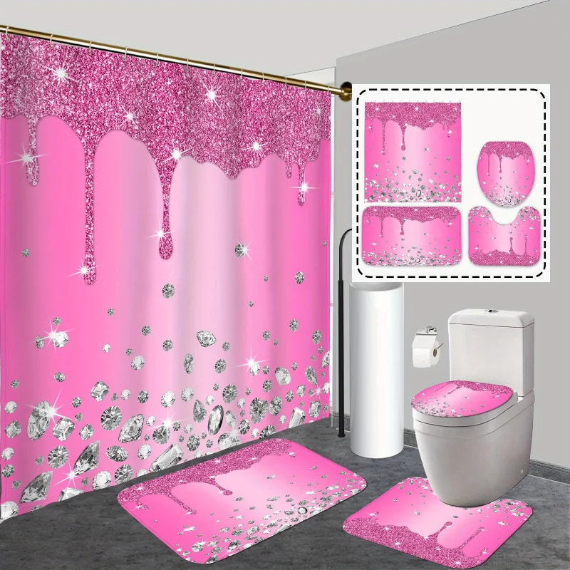 1/4pcs Pink Diamond Pattern Set, Shower Curtain With 12 Hooks, Non-Slip Bath , U-Shaped , Toilet Mat