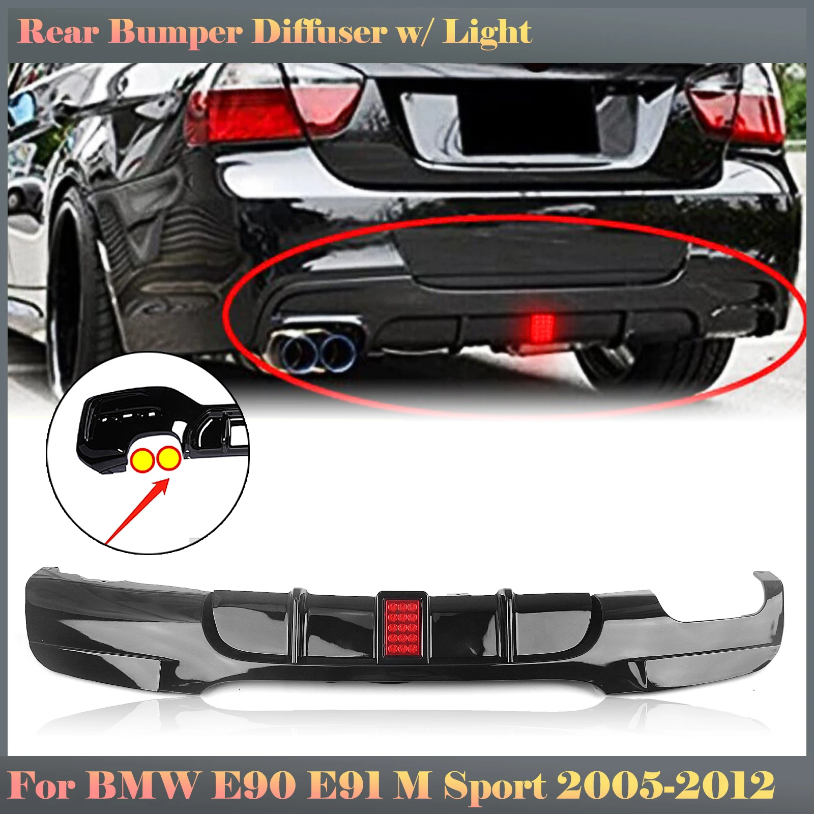 Glossy Black Rear Bumper Lip Boot Dual Exhaust Splitter Diffuser Spoiler For BMW 3 Series E90 E91 M Sport 2005-2012