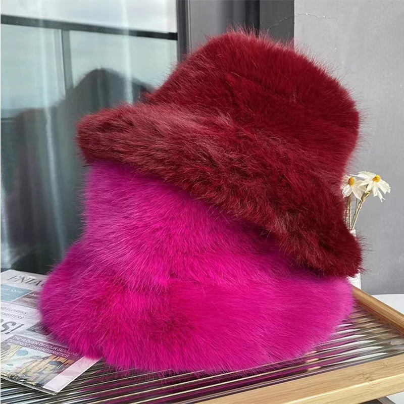 Big Fluffy Faux Fur Bucket Hat for Women Luxury Plush Fisherman\'s Hat Warm Winter Fisherman Hat Colorful and Gorgeous Hat