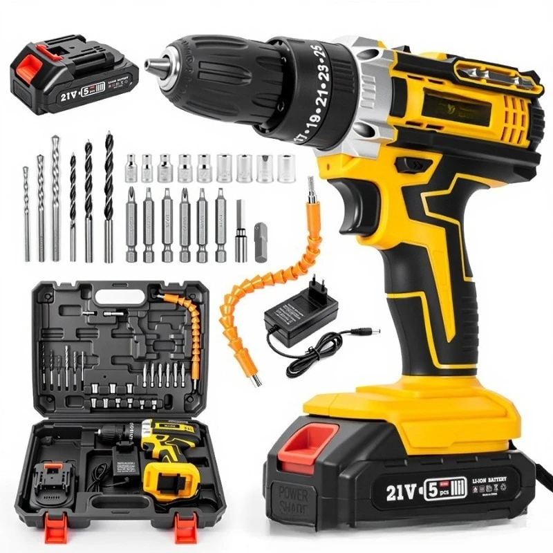 21V Cordless Lithium Impact Drill, 2-Speed Rechargeable Hand Drill, Electric Screwdriver Power Tool Set