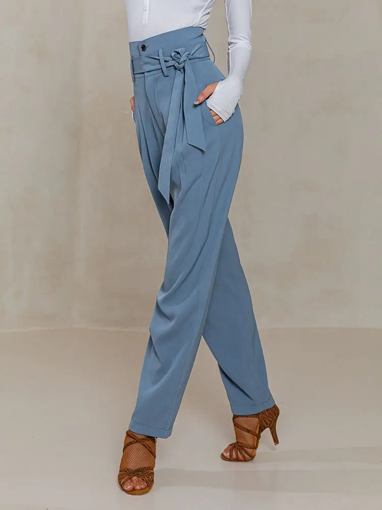 

New high-waisted women Latin dance pants Blue lace-up moden performance pants Rumba wide-legged Trousers