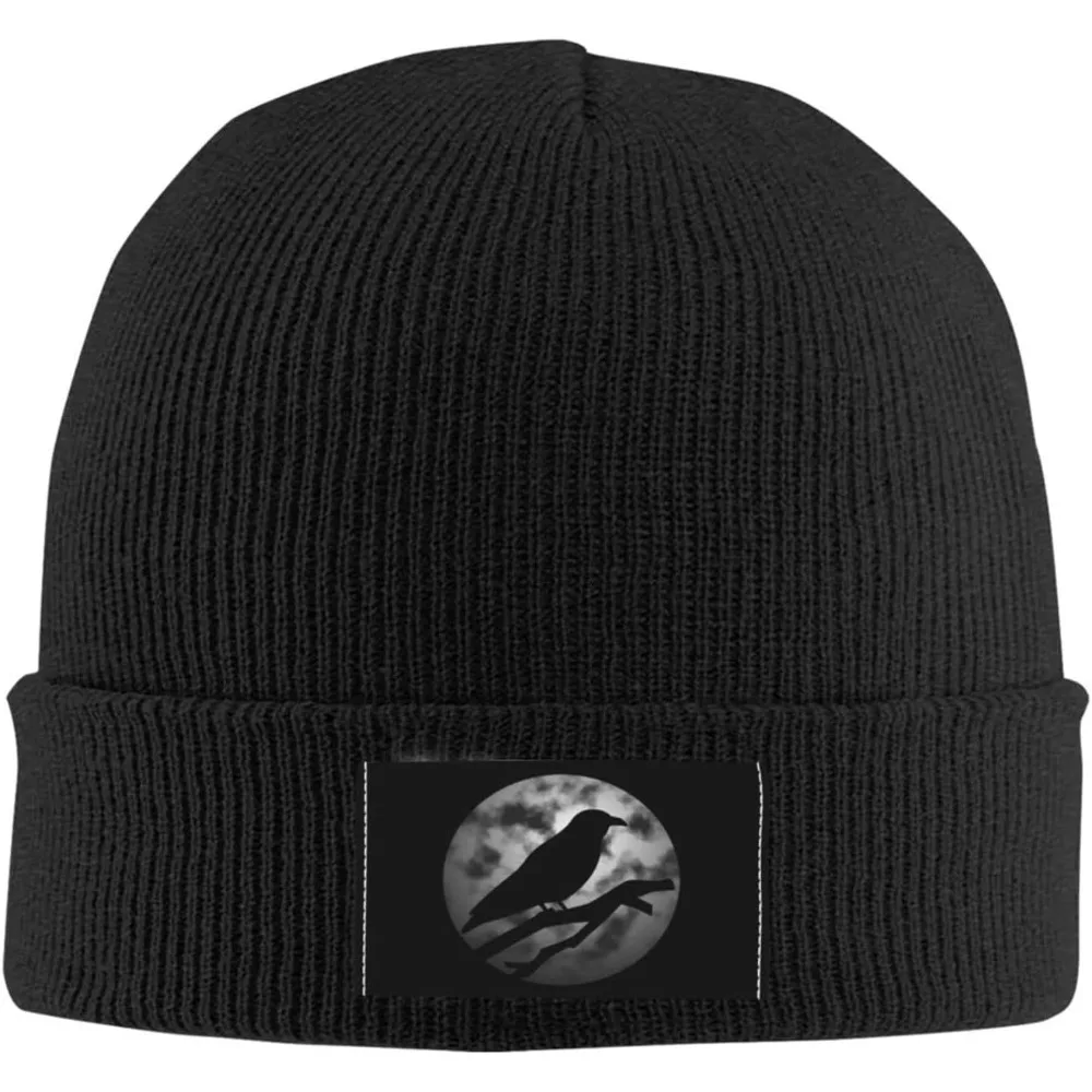 Vintage Crow Raven Black Moon Funny Black Beanie Hat for Men Women Winter Warm Hat Knit Slouchy Stocking Hat Skull Cap