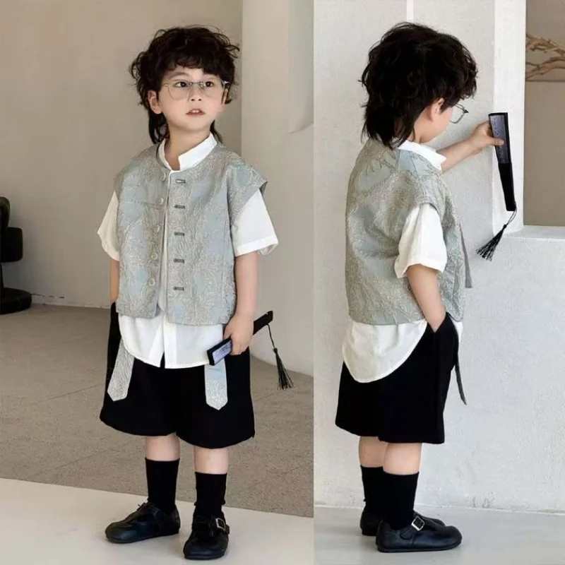 

Boys Clothing Set Summer Children's Carved Round Neck Vest Retro Hanfu Standing Collar Short Sleeved Shirt Shorts 3PCS Tang Sui
