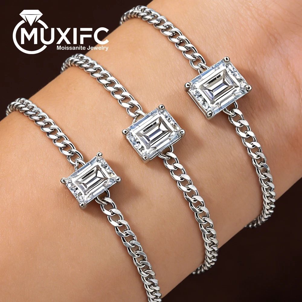 

1/2/3CT Solitaire Moissanite Diamond Cuban Chain Bracelet for Women Certified Emerald Lab Diamond S925 Silver Hiphop Party Gifts