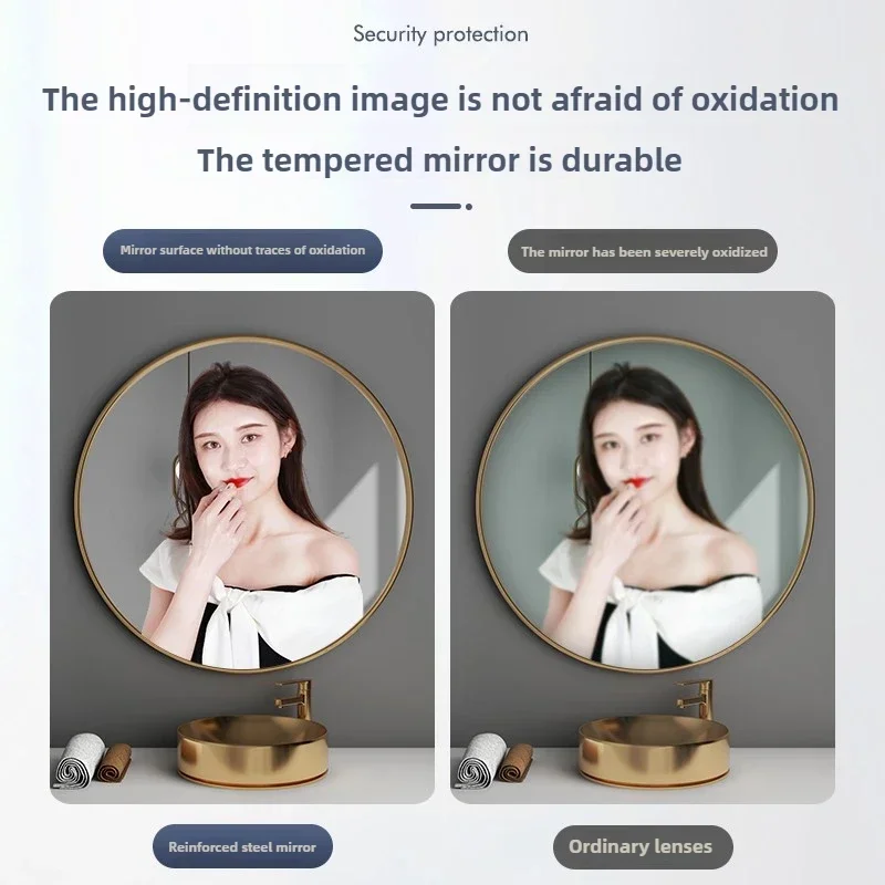 Tempered Glass Mirror  Fog-Free HD Vanity Reflector Waterproof Round Mirror for Sinks  Wall-Mounted Mirror for Bathrooms