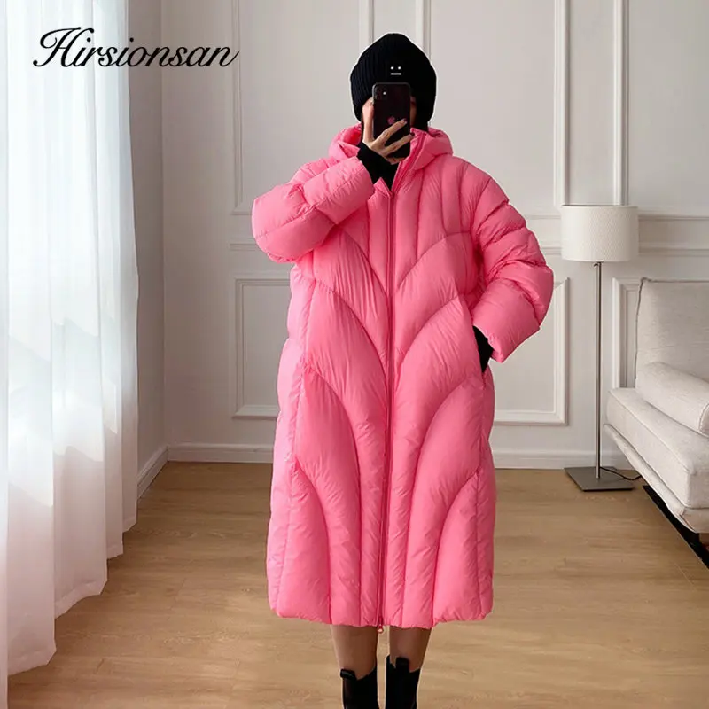 Hirsionsan Winter Long Solid Hooded Puffer Clothing Women Loose Casual White Duck Down Jackets Retro Streetwear Simple Warm Coat