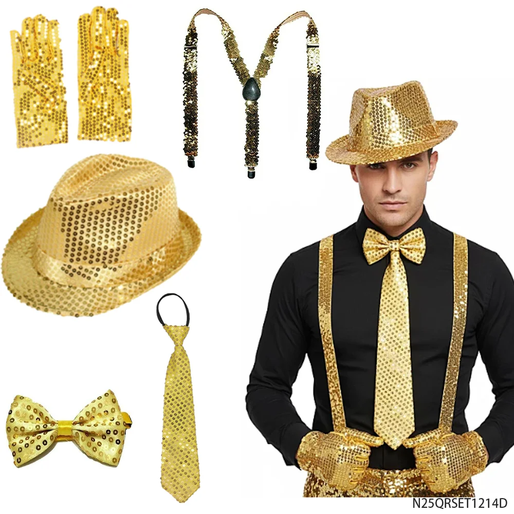 Zestaw Kostiumowy w Stylu Retro z Lat 90. z Złotymi Cekinami: Kapelusz Fedora, Szelki, Krawat, Muszka, Rękawiczki, Akcesoria Imprezowe