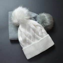 Japanese Rabbit Hair Fox Fur Pompom Hat Female Designers M Sign Knitted Hat Autumn Winter Warm Ear Protection Hat Beanies Hat