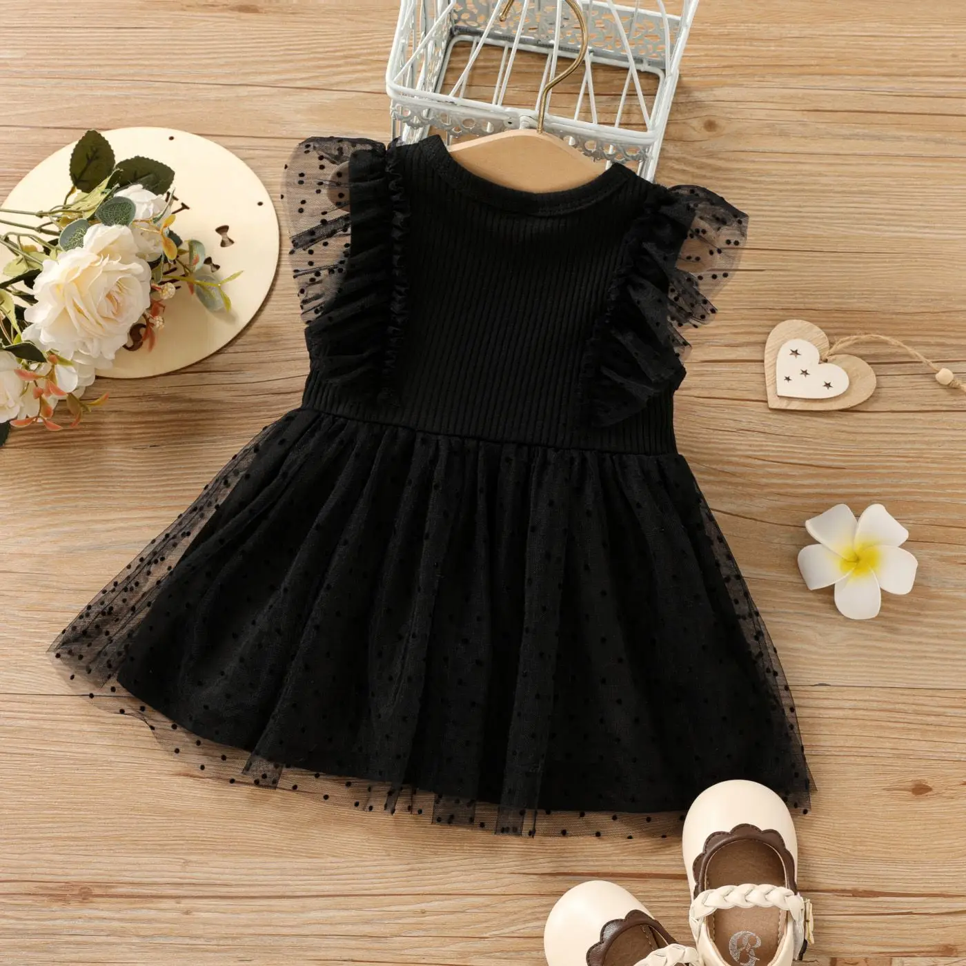 Summer New Baby Girl Mesh Stitching Polka Dot Round Neck Princess Temperament Dress