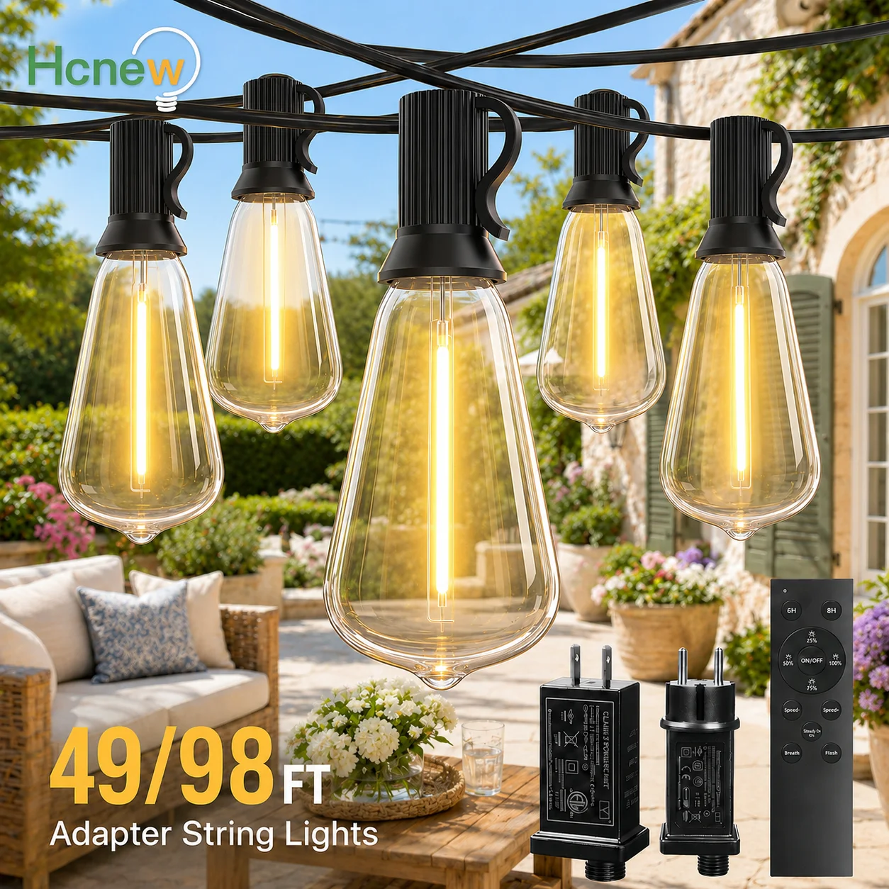 Shatterproof ST38 LED String Lights 24V Waterproof Dimmable Garden Backyard Balcony Outdoor Light Equipped Remote Control Adapte