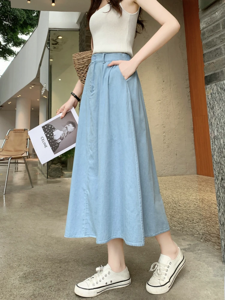 

2024 New Casual Long Denim Skirt Women's Blue Maksi Skirt Harajuku Fashion Vintage High Waist A-line Midi Jeans Pleated Skirts