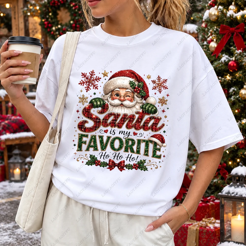 Santa Is My Favorite Graphic T Shirt Women Cotton Xmas Plaid Letter Print Tee Short Sleeve Holiday Party Streetwear Top Clothing