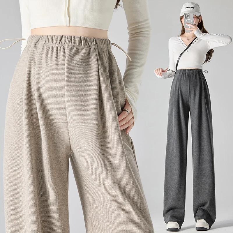 2024 Drawstring High Waist Maternity Pants Cashmere Twill Fabric Pregnant Women's Loose Straight Pants Autumn Winter New Arrival