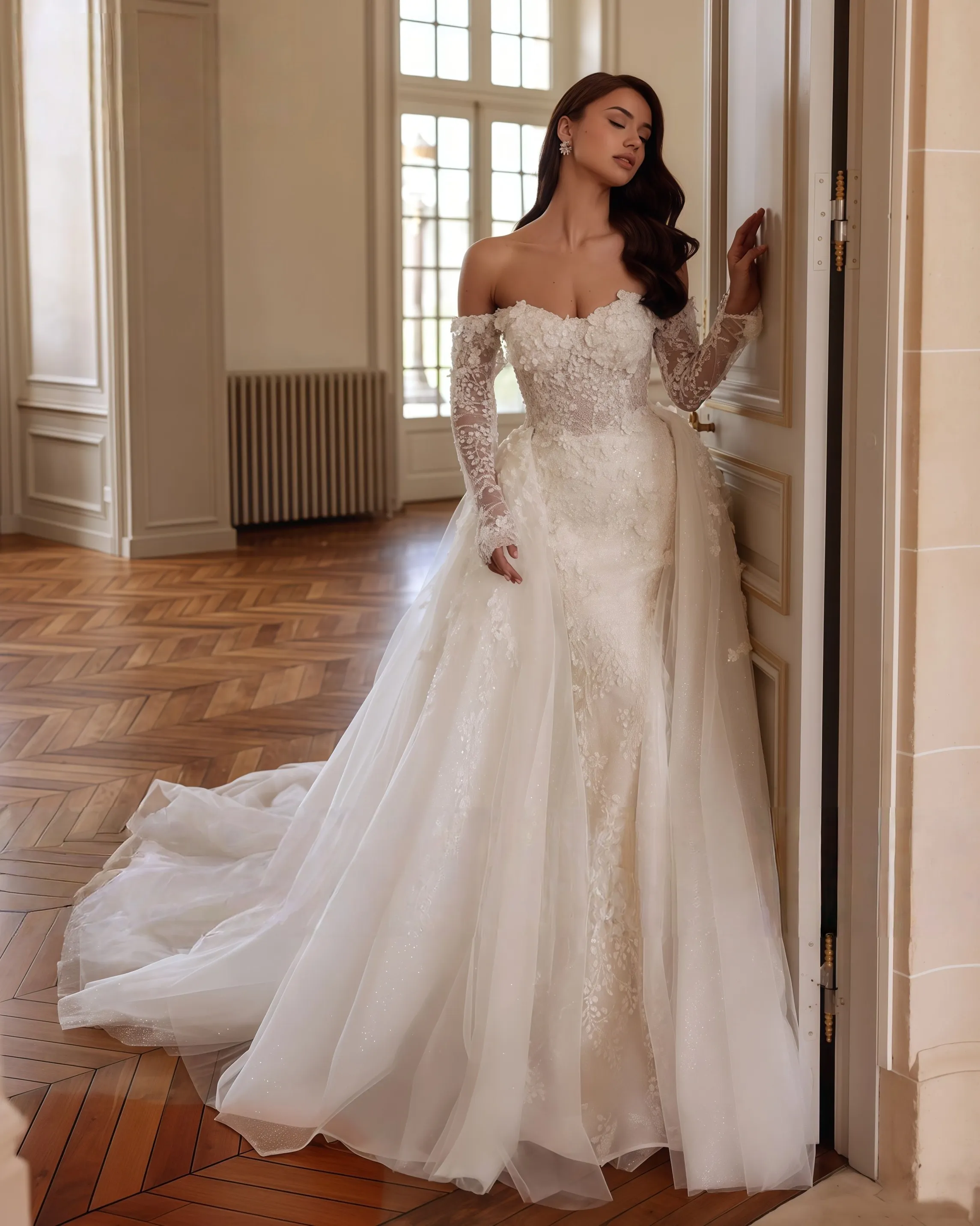 Customized Sweetheart Long Sleeve Beading Flowers Mermaid Wedding Dress Gorgeous Appliques Detachable Train Trumpet Bridal Gown