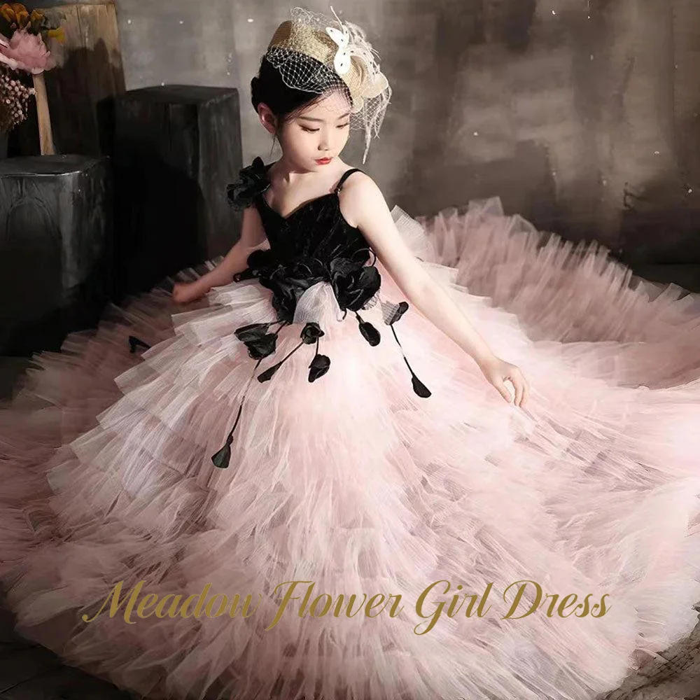 Meadow Black and Pink Ombre Children Birthday Wedding Dresses V Neck Flower Girl Dress Spaghetti Strap Princess Girls Dress