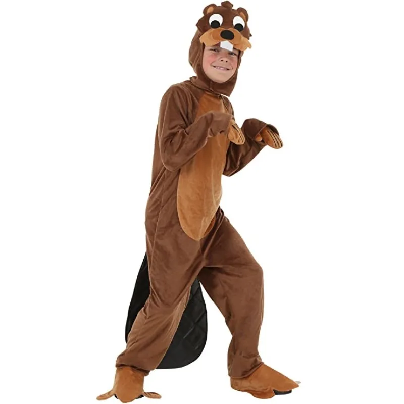 Busy Beaver Costume Short Plush Animal Halloween Cosplay Jumpsuit for Adult Kids Party Outfits with Headpiece Gloves Boots