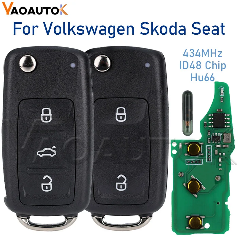 Remote Car Key Fob Flip For Volkswagen Skoda Seat VW Passat Sedan Golf 4 5 6 Polo Beetle Eos Jetta Tiguan Rapid 434MHz ID48 Hu66