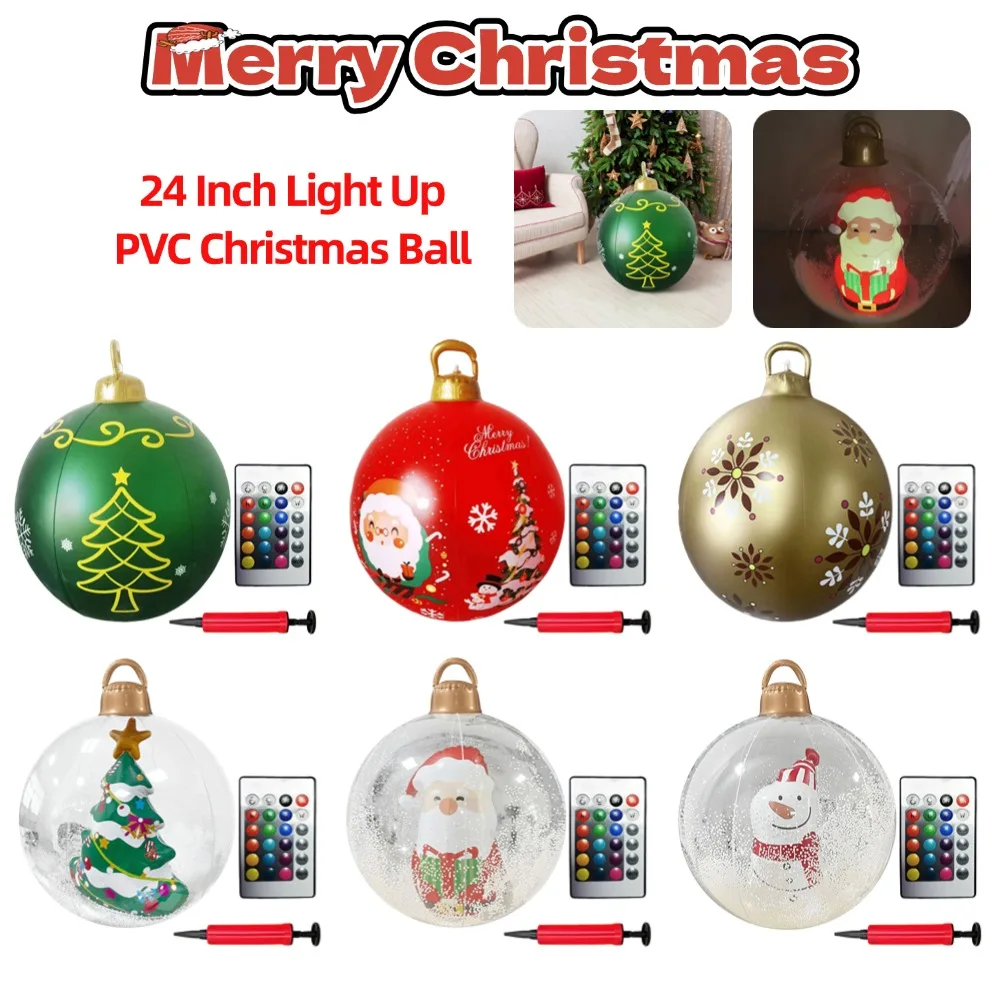 Bolas de Navidad inflables de 24 pulgadas, decoraciones de césped para patio de Navidad al aire libre con luces, bolas de Navidad gigantes de PVC de 60CM, globo festivo