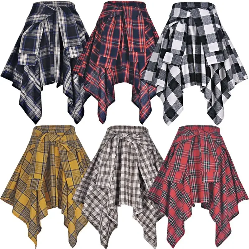 Plaid Skirt Women Pleated Lace-up Tie Mini Skirt Y2k Streetwear Harajuku Vintage Irregular Sports Street Women Fart Curtain