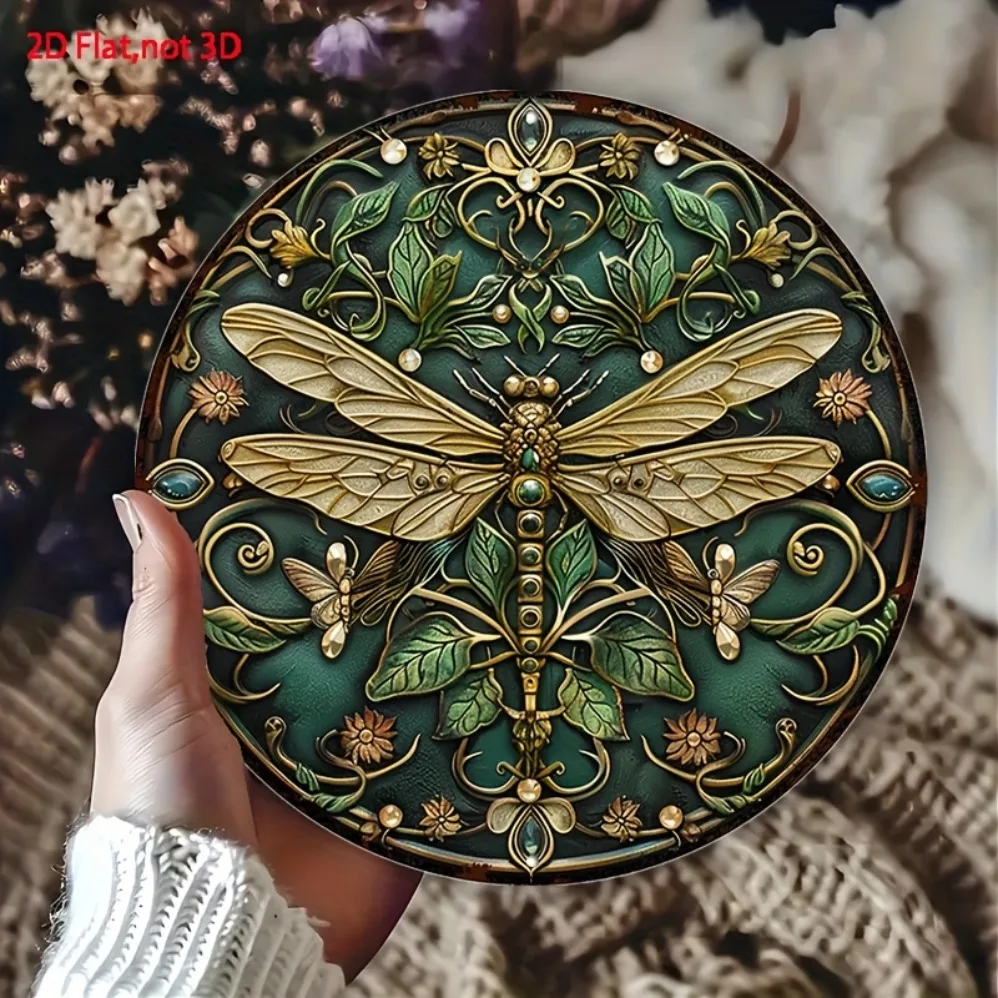 جدارية معدنية من Art Nouveau Dragonfly - تصميم زهور ذهبي وأخضر، ديكور حائط متين للاستخدام الخارجي | لوحة معدنية منقوشة بالزهور #4